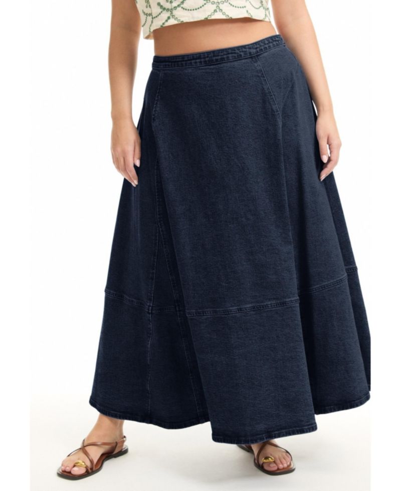 Women's June and Vie Fit-And-Flare Stretch Denim Midi Skirt