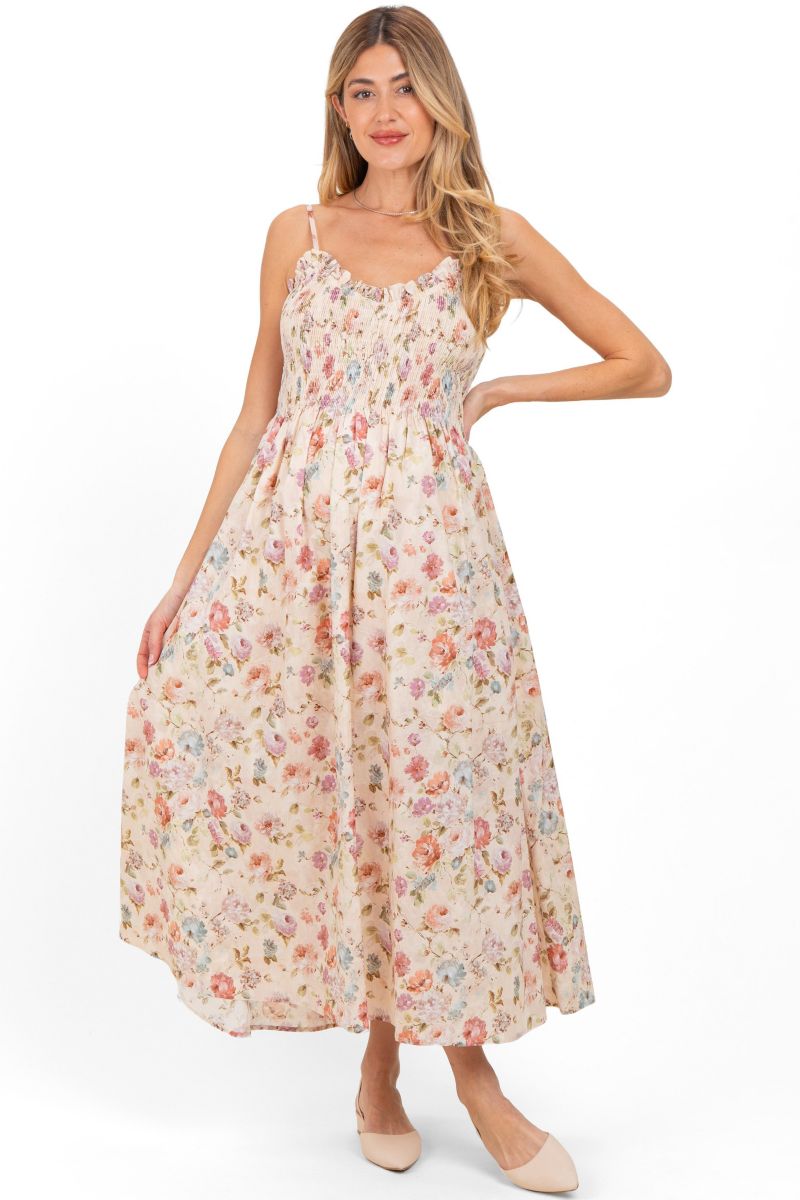 Women's Cream Floral Smocked Ruffle Detail Midi Dress