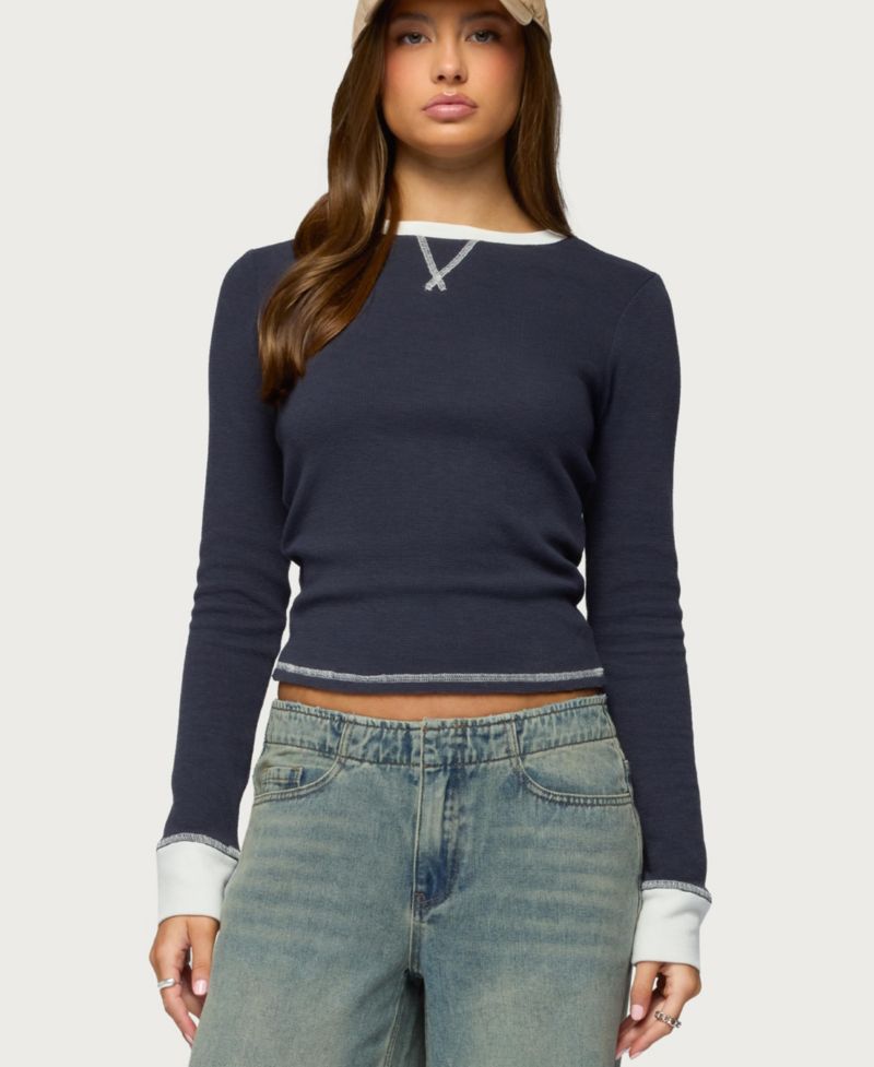 Women's Rora Contrast Long Sleeve Waffle Top