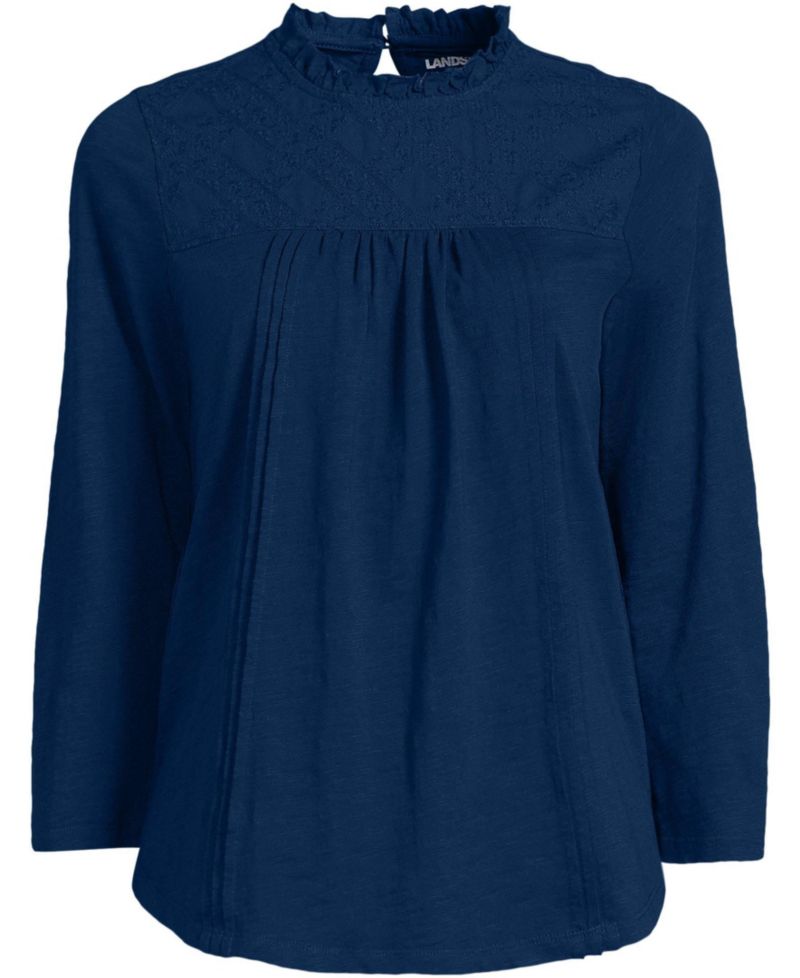 Women's 3/4 Sleeve Cotton Slub Lace Trim Top