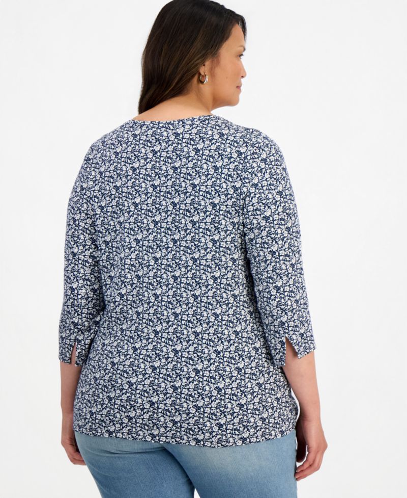 Plus Size Printed 3/4 Sleeve Boat-Neck Top