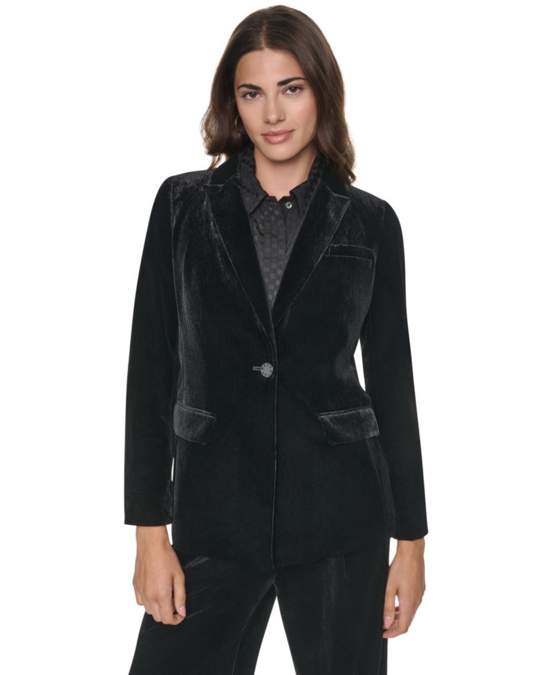 Petite Velvet Button-Front Fitted Blazer