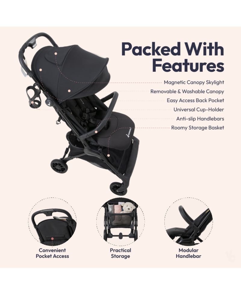 HopLite Ultralight Compact Lightweight Baby Stroller For Airplane - Travel Stroller for Newborn from Birth to 55 lbs, Jet Black