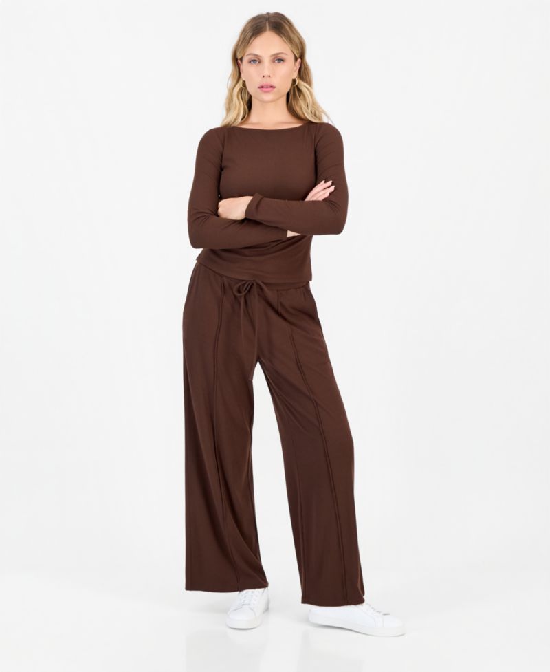 Petite Ribbed Knit High Rise Drawstring Wide-Leg Pants