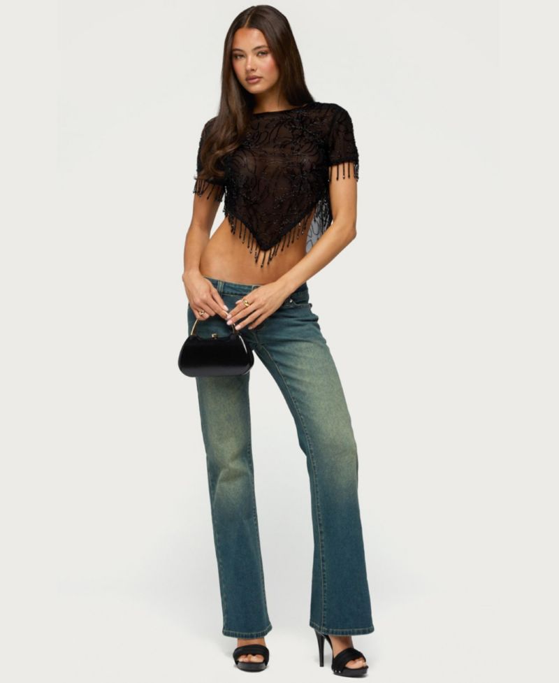 Women's Yanna Beaded Fringe Mesh Poncho Top