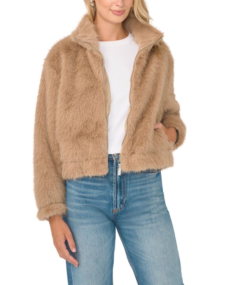 Women's Cropped Faux Fur Stand-Collar Jacket