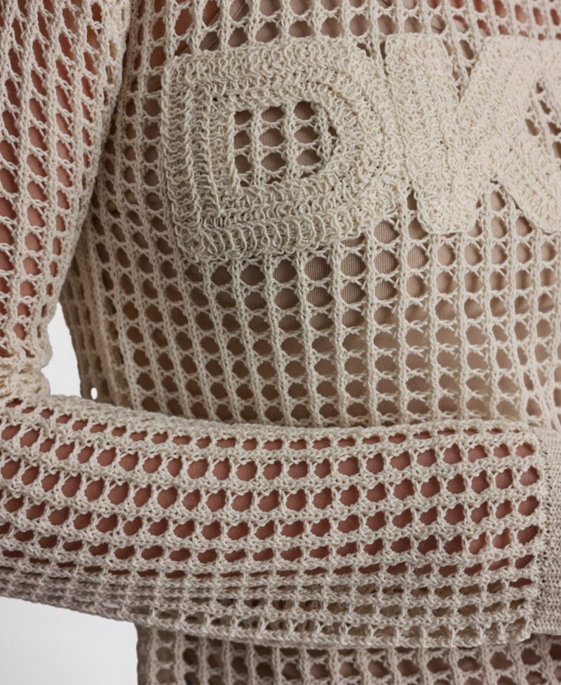 Petite Long-Sleeve Pointelle Crochet Open-Stitch Boat Neck Logo Sweater