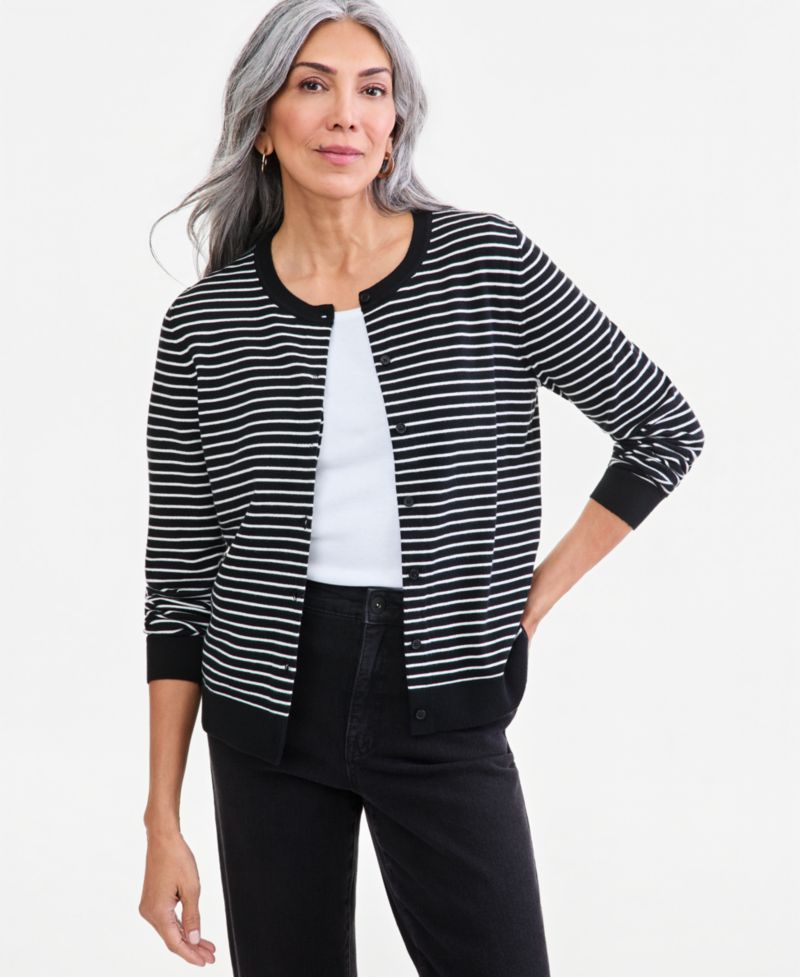 Women's Stripe Crew-Neck Button-Down Cardigan Sweater