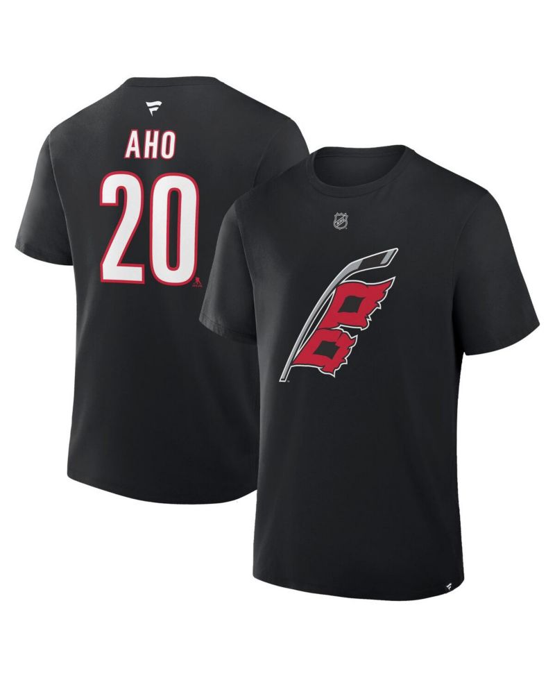 Men's Sebastian Aho Black Carolina Hurricanes Authentic Stack Name & Number T-Shirt