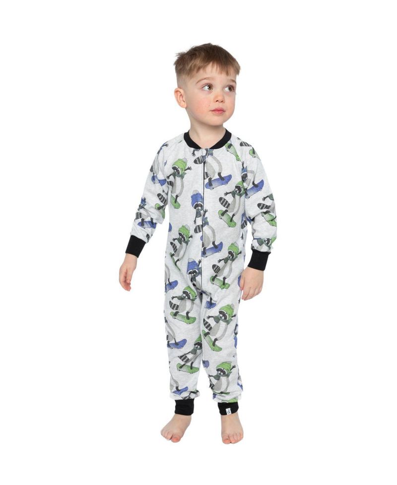 Little Boys 6-12 Cotton One Piece Pajama Beige Raccoon Print