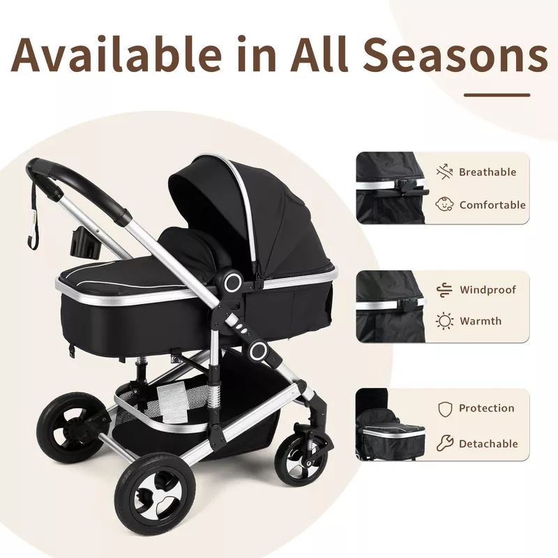 Cozi 2 Convertible Baby Stroller, Folding High Landscape Design with Adjustable Canopy and Diaper Bag