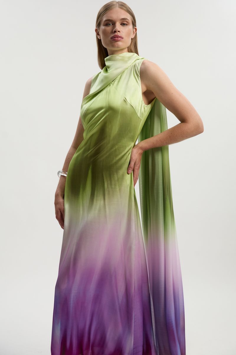 Women's Ombre Satin Cape Midi Dress
