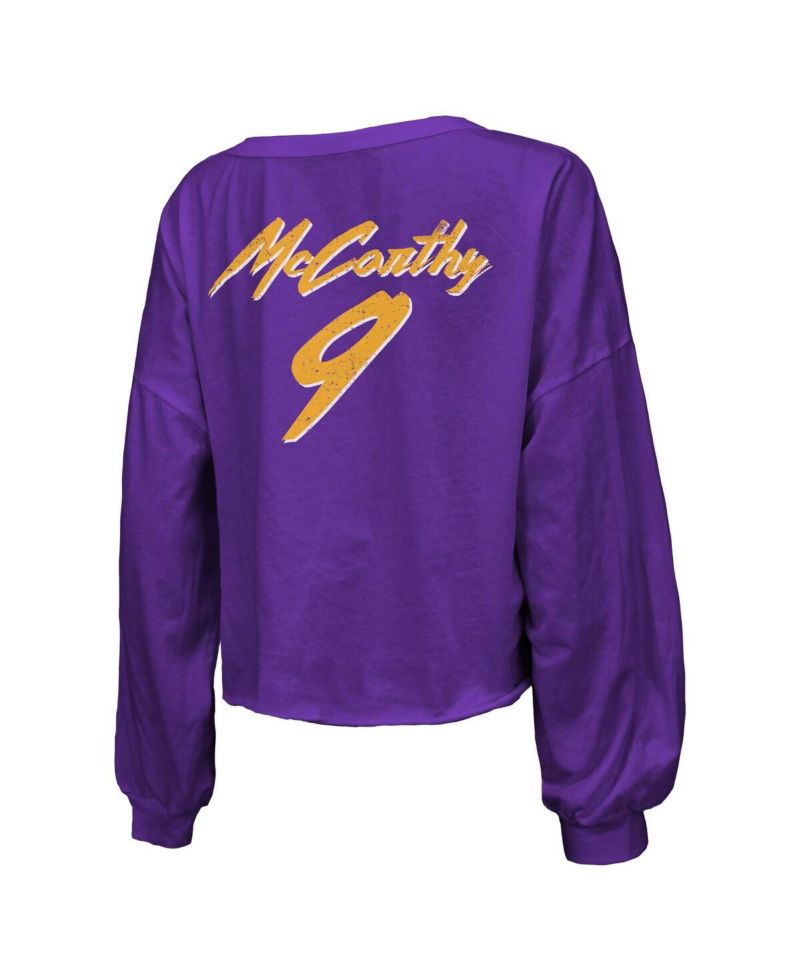 Women's J.J. McCarthy Purple Minnesota Vikings Name & Number Off-Shoulder Script Cropped Long Sleeve V-Neck T-Shirt