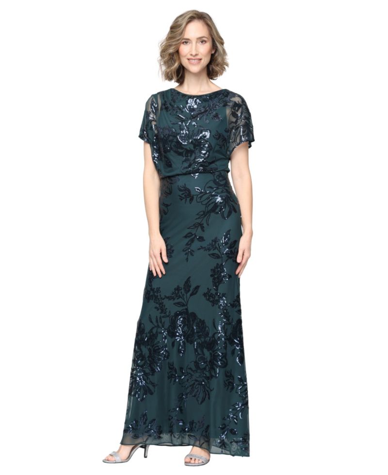 Petite Sequin Floral-Print Boat Neck Dress