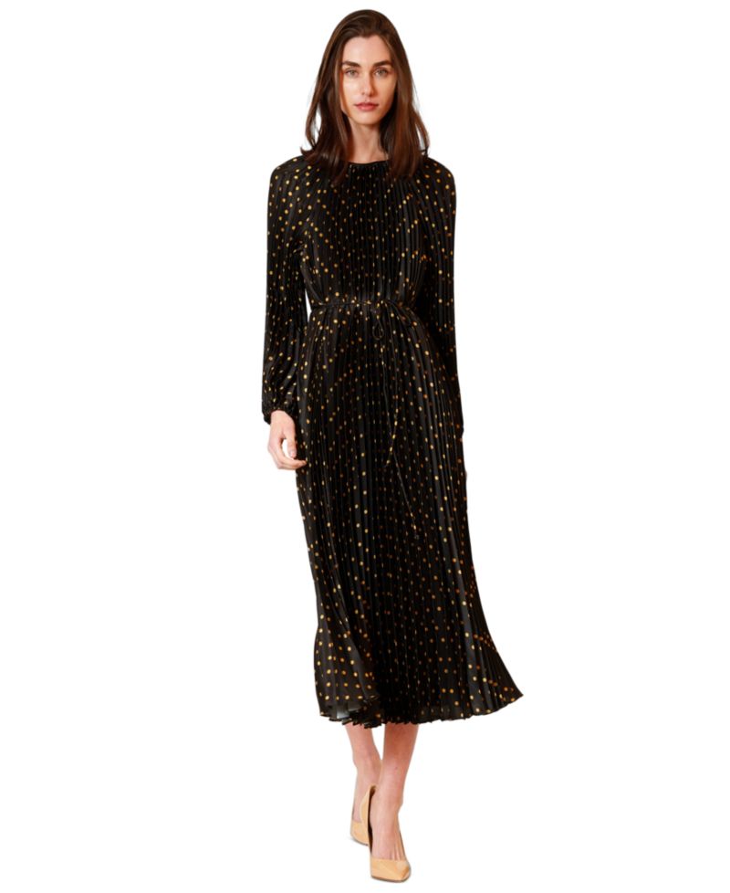 Women's Pleated Long-Sleeve Waist Tie Maxi Dress
