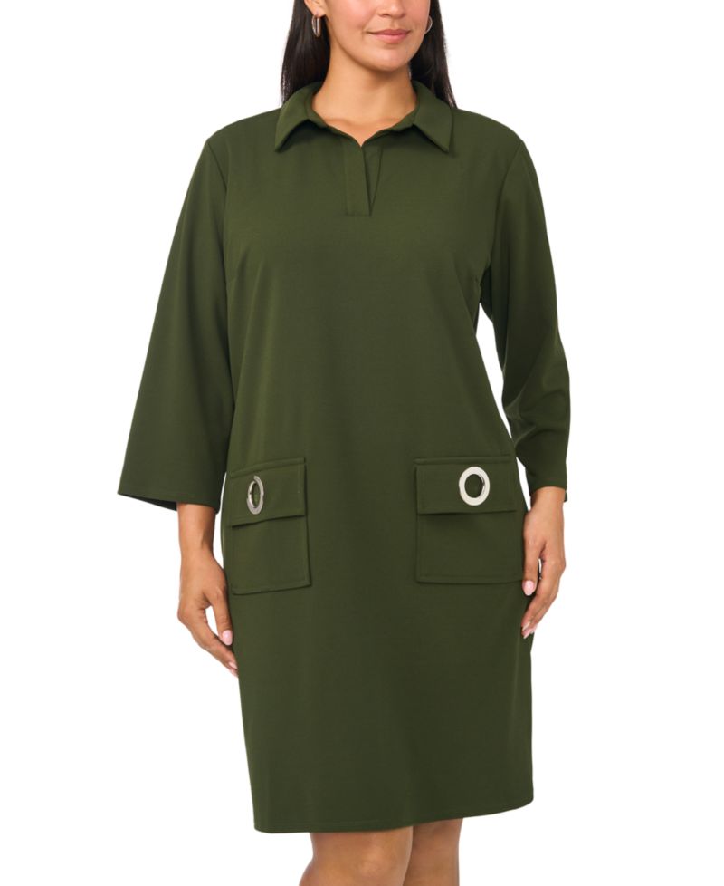 Plus Size Pocket Shift V-Neck 3/4-Sleeve Dress