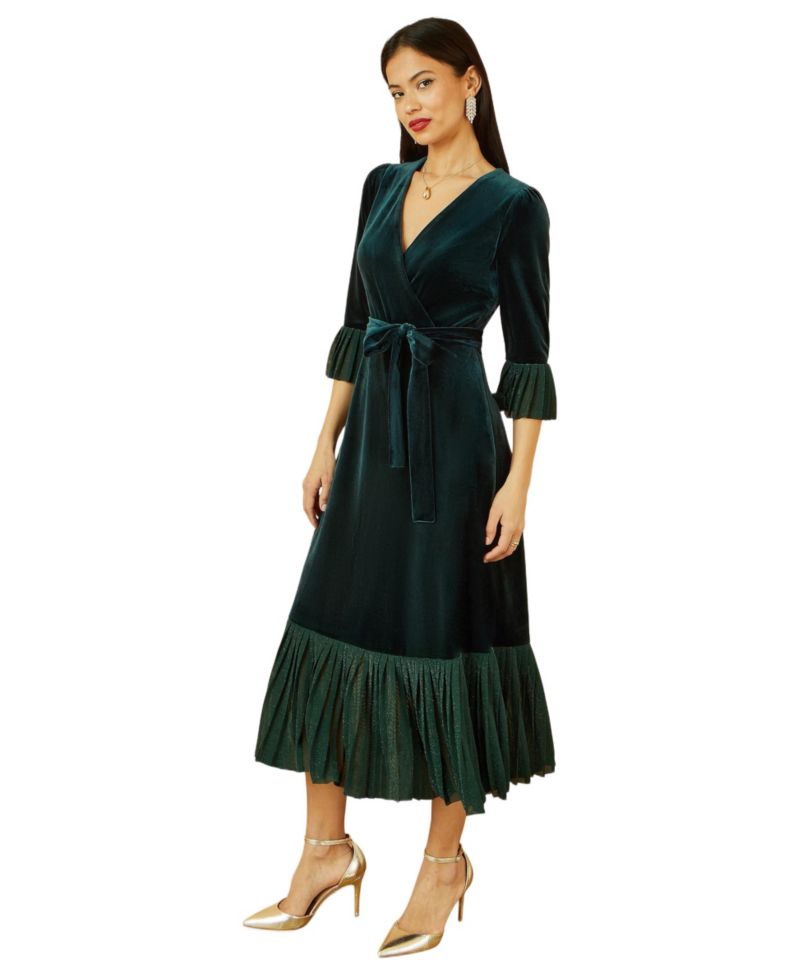 Women's Velvet Midi Pleat Detail Wrap Dress