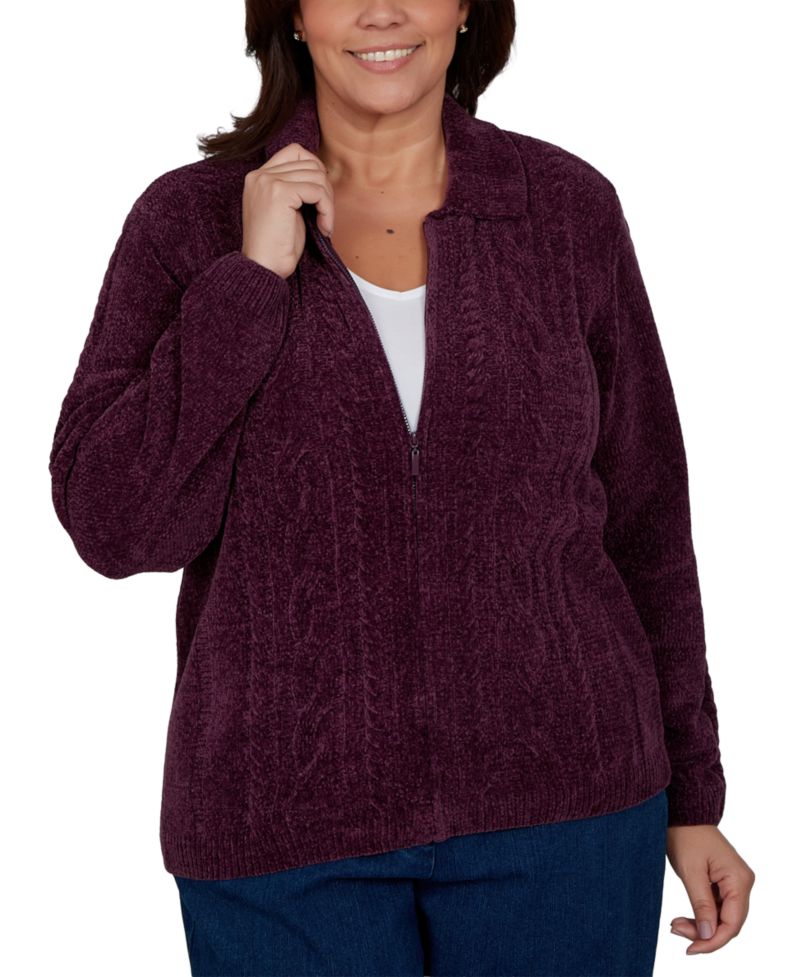 Plus Size Cable-Knit Chenille Full-Zip Cardigan