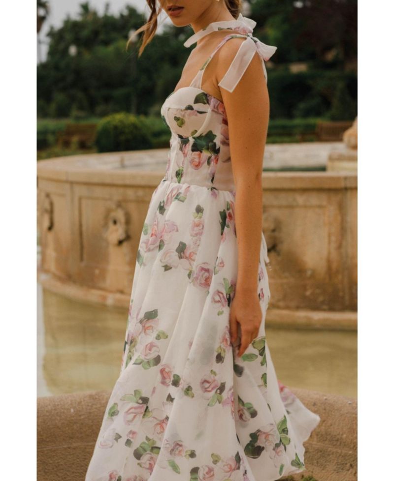 Womens Tender Floral Midi Tie-Strap Dress