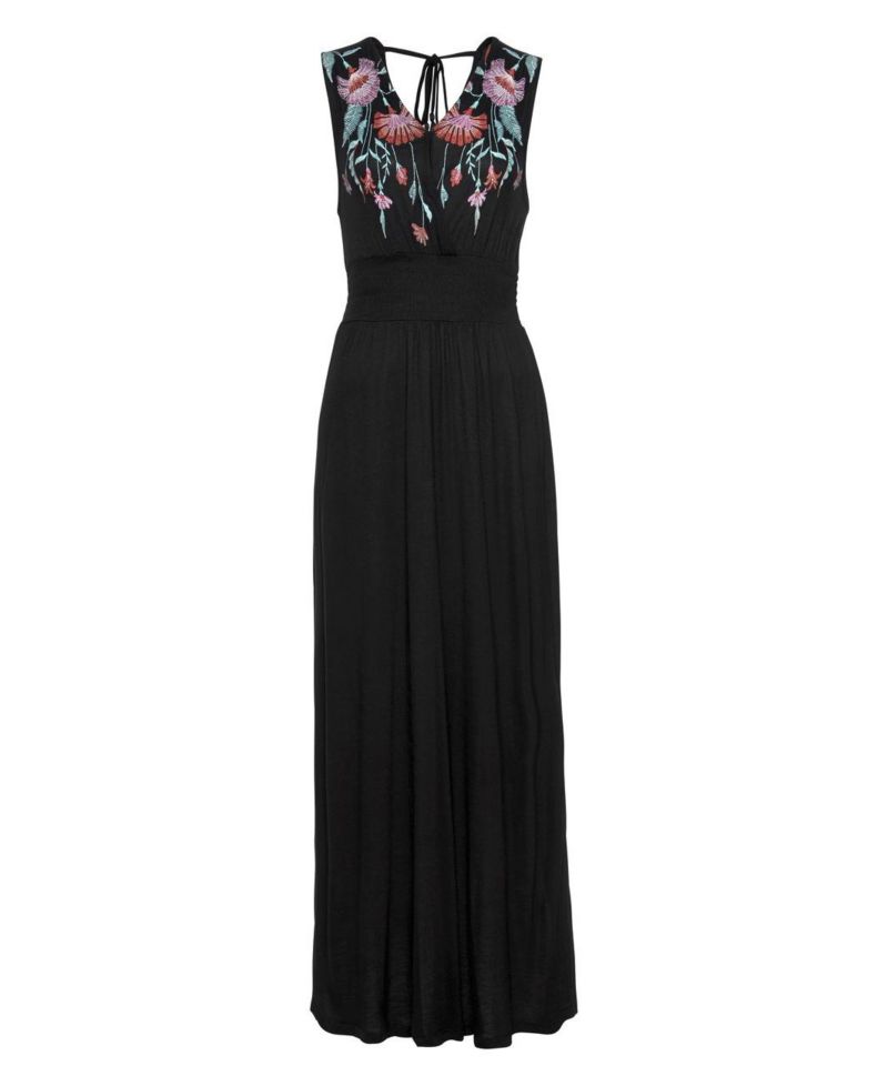 Women's Viscose Floral Print Embroidered Column V-Neck Maxi Dress