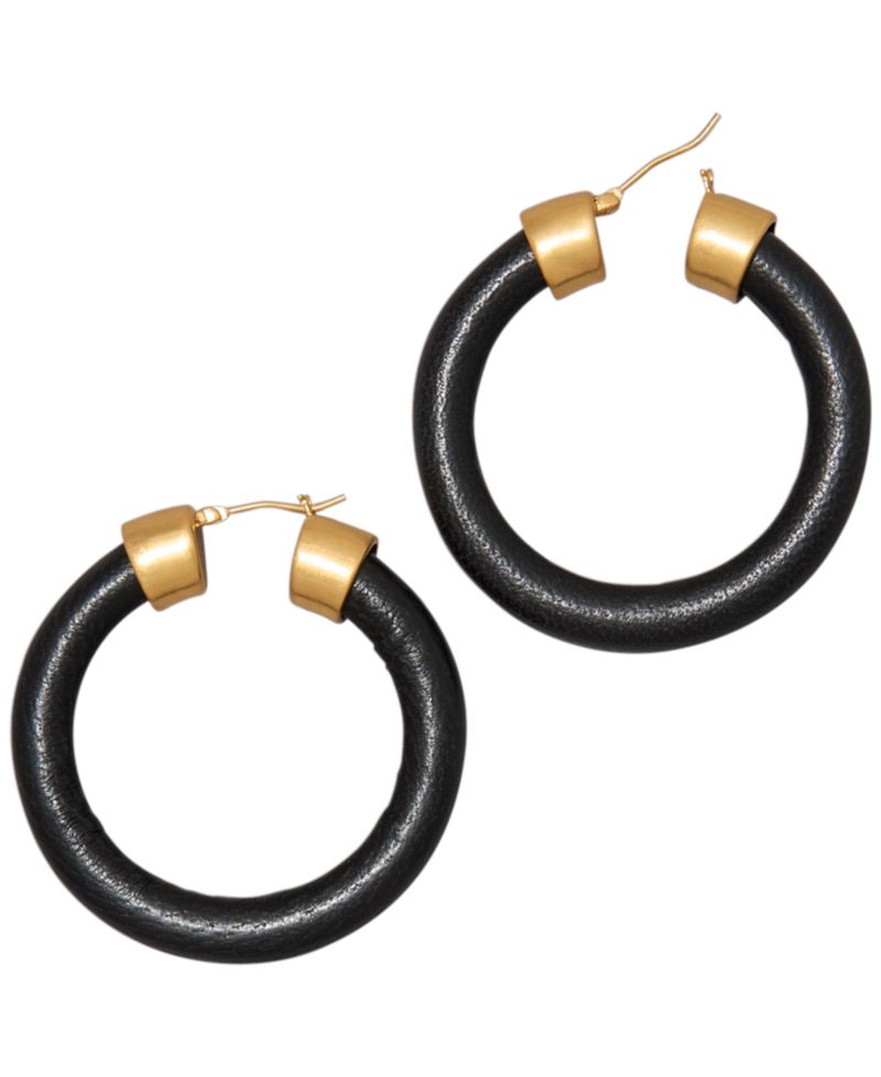 Black Leather Gold-Tone Hoop Earrings