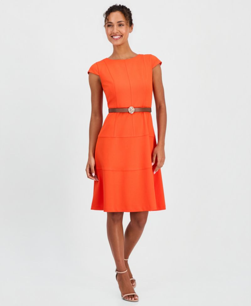 Women's Cap-Sleeve Belted Scuba Crepe Dress