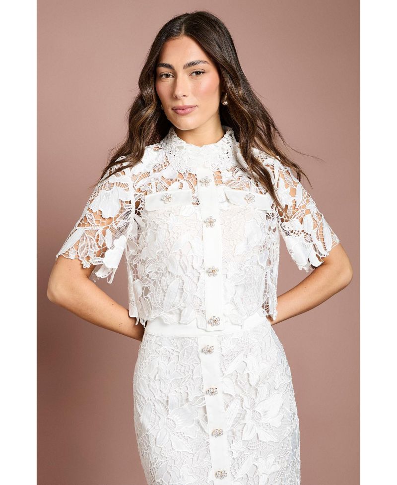 Women's Lace Detail Short Sleeve Collared Shirt