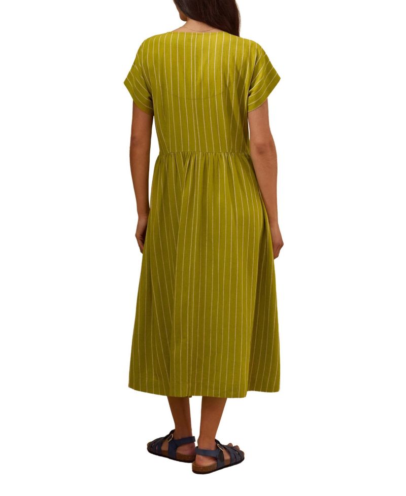 Women's V-Neck Gathered-Waist Striped Midi Dress