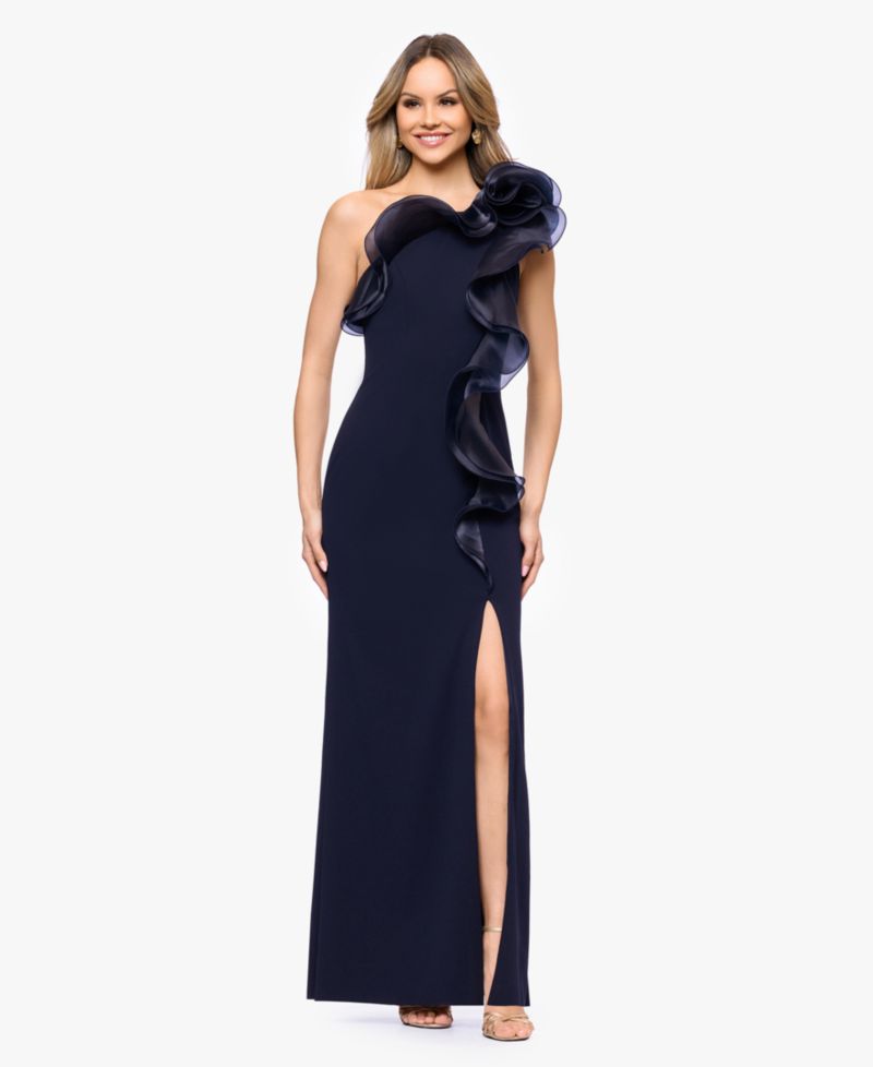 Women's Scuba Crepe Organza-Ruffle Long Dress