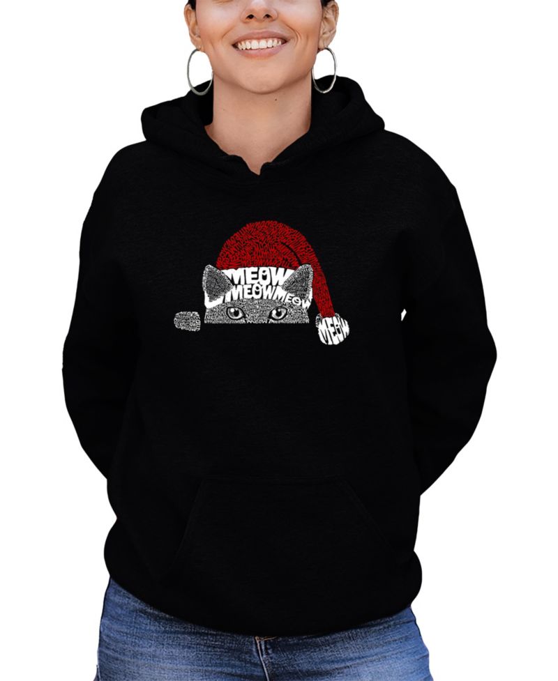Women's Christmas Peeking Cat Word Art Hooded Sweatshirt