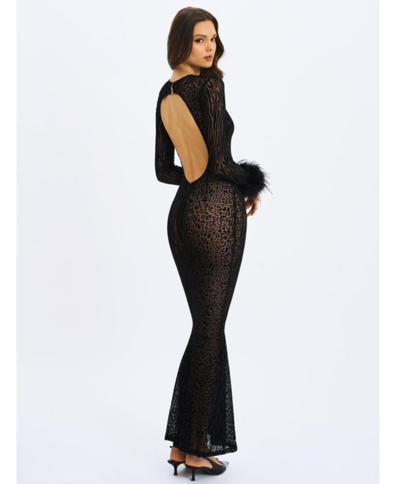 Women's Patricia Black Leopard Burnout Velvet Mesh Backless Maxi Dress