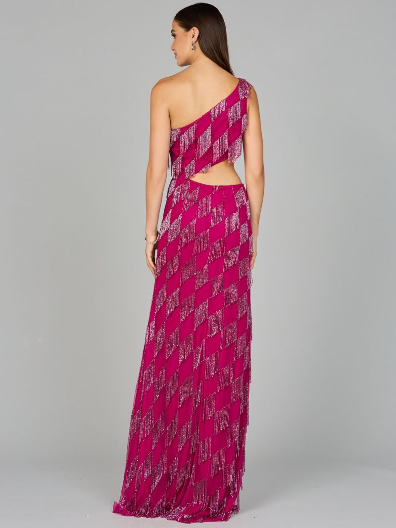 Women's One Shoulder Fringe Gown
