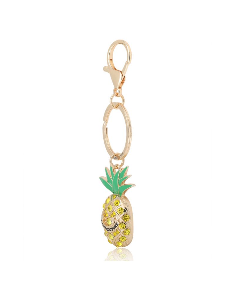 Crystal Pineapple Keychain, Gold Tone with Green Enamel Leaves