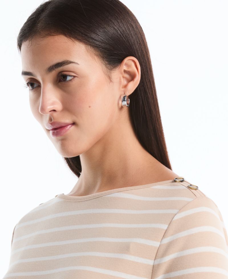 Petite Stripe Button Detail Boat Neck Top
