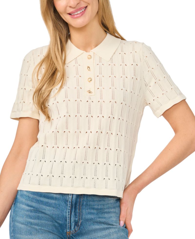 Women's Pointelle Short-Sleeve Collared Sweater