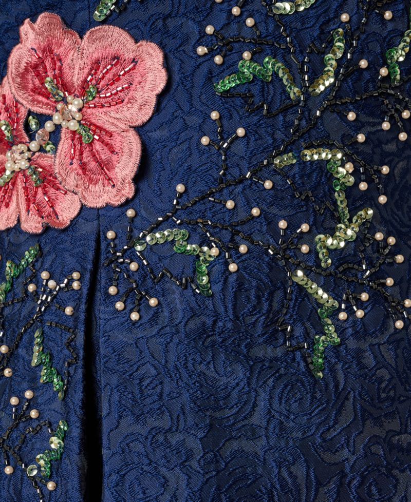 Embroidered Jacquard Floral Beaded Fit And Flare Dress