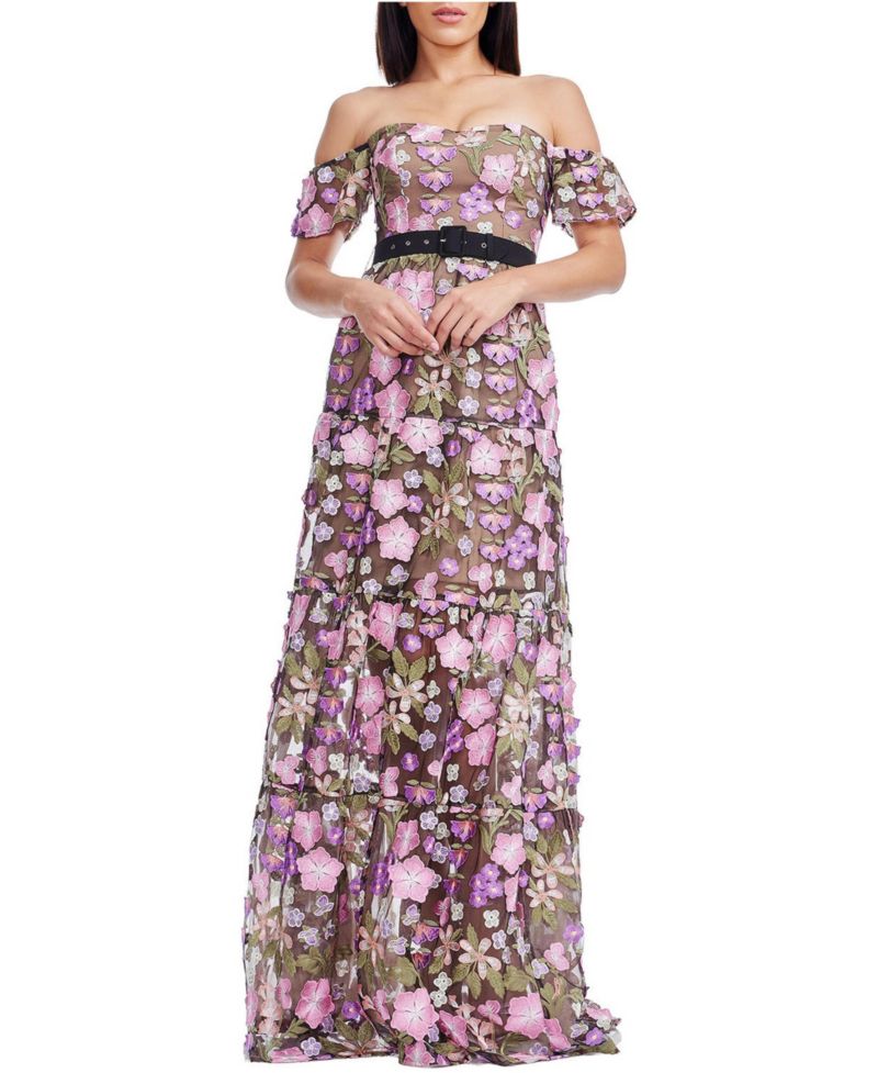 Women's Lara Off-the-Shoulder Sweetheart 3D Floral Embroidered Tiered Gown