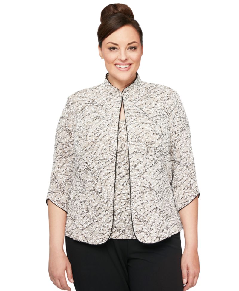 Plus Size Printed Mandarin Jacket & Top Set