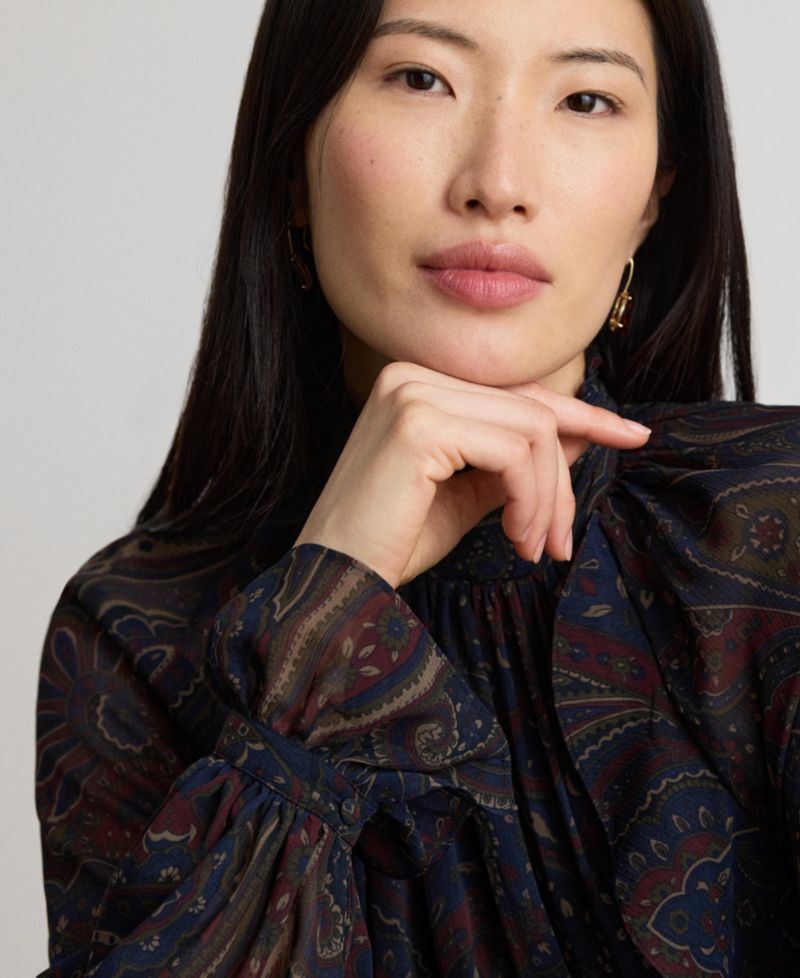 Women's Long-Sleeve Paisley-Print Mockneck Blouse