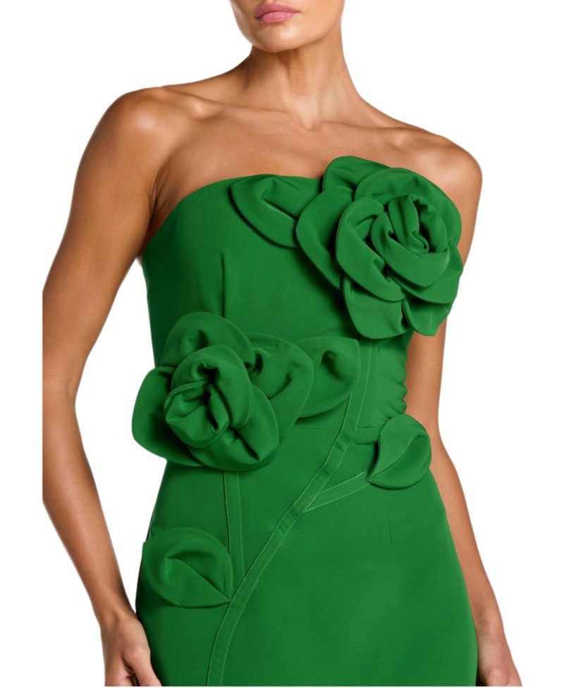 Petite Crepe Strapless Midi Dress with 3D Flower Detail