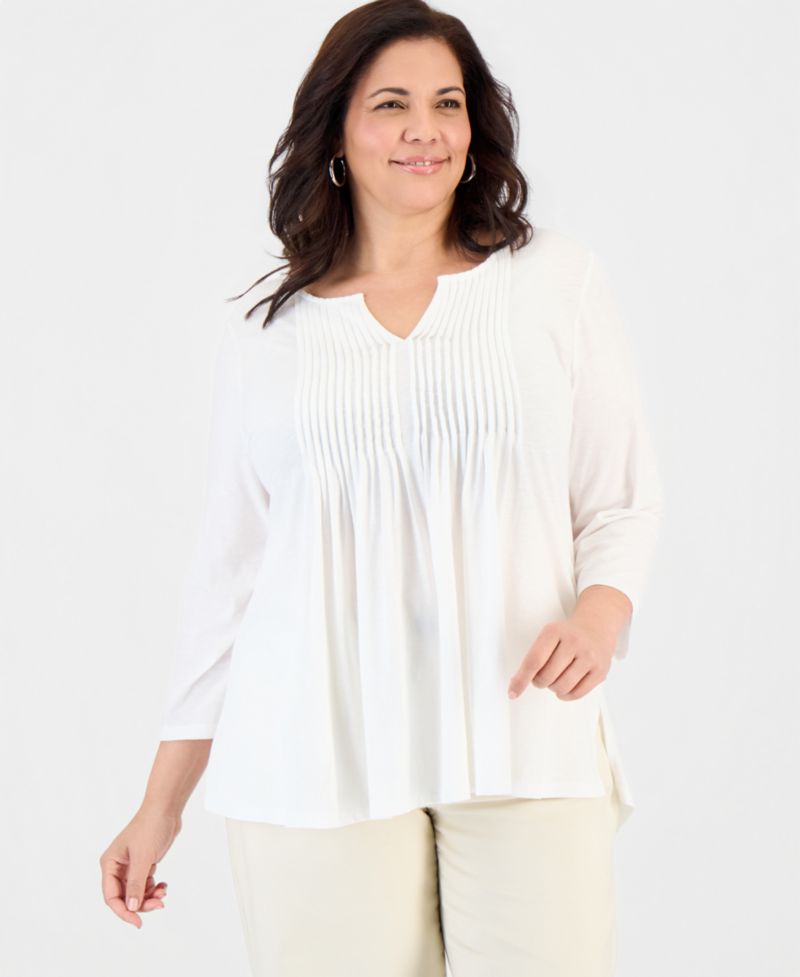 Plus Size Pintuck Split-Neck 3/4-Sleeve Top