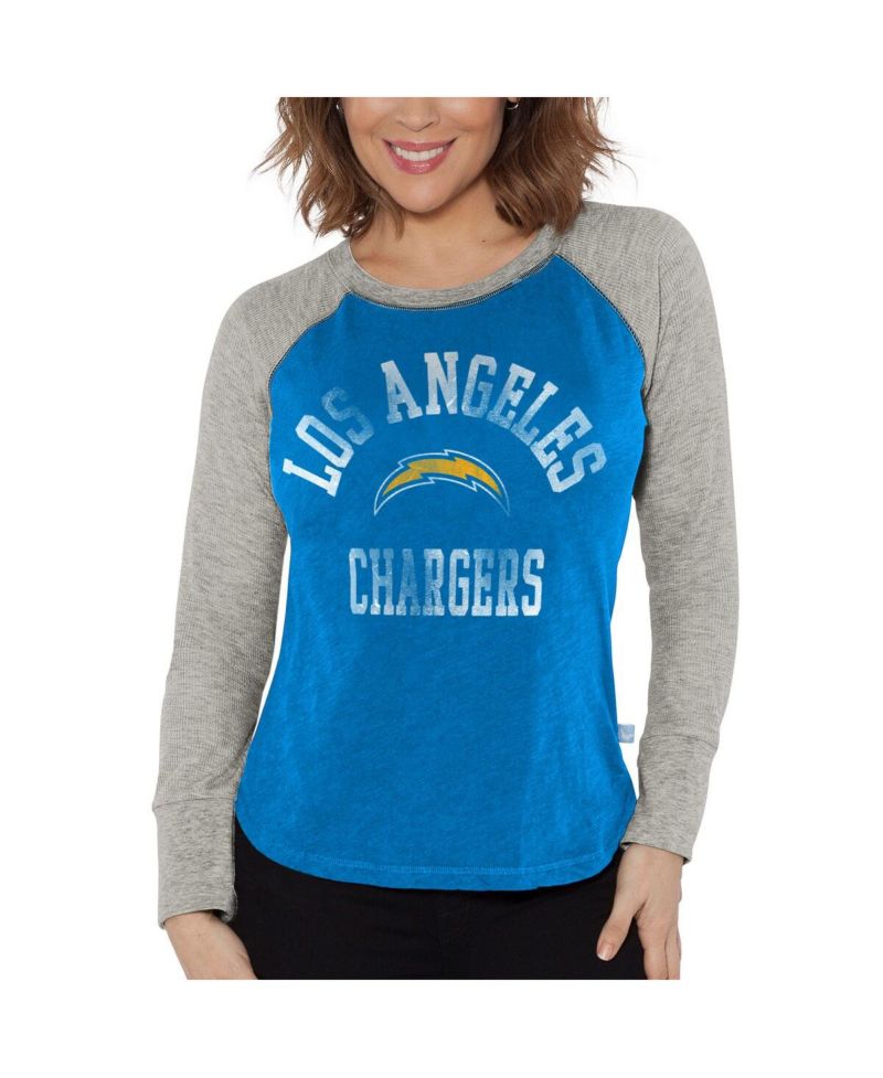Women's Powder Blue, Heather Gray Distressed Los Angeles Chargers Waffle Knit Raglan Long Sleeve T-shirt