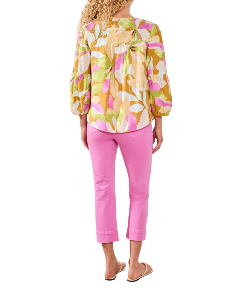 Women's Printed Challis Smocked Yoke Top