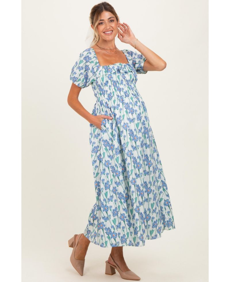 Women's Blue Floral Smocked Ruffle Accent Midi Dress
