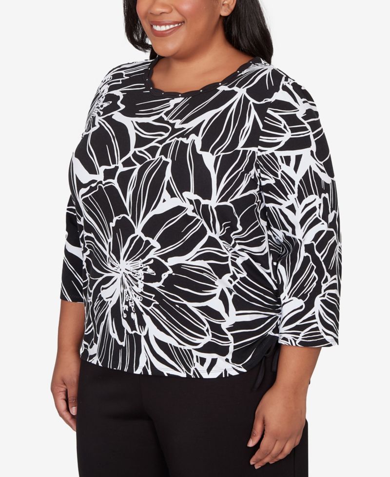 Plus Size Classic Floral Linework Side Tie Ruched Top