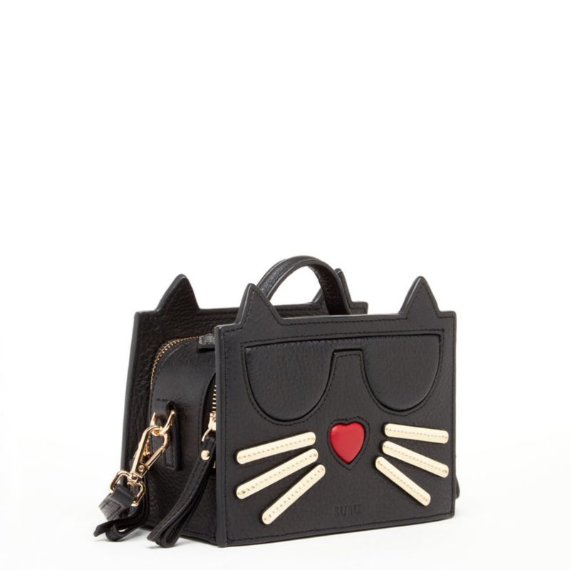 Womens Leather Novelty Cat Face Mini Crossbody Bag Cute Structured Box Purse Small Top Handle Satchel with Zipper Closure Black
