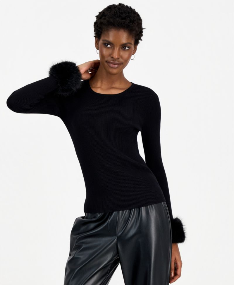 Women's Savannah Crewneck Long-Sleeve Faux-Fur Cuff Sweater