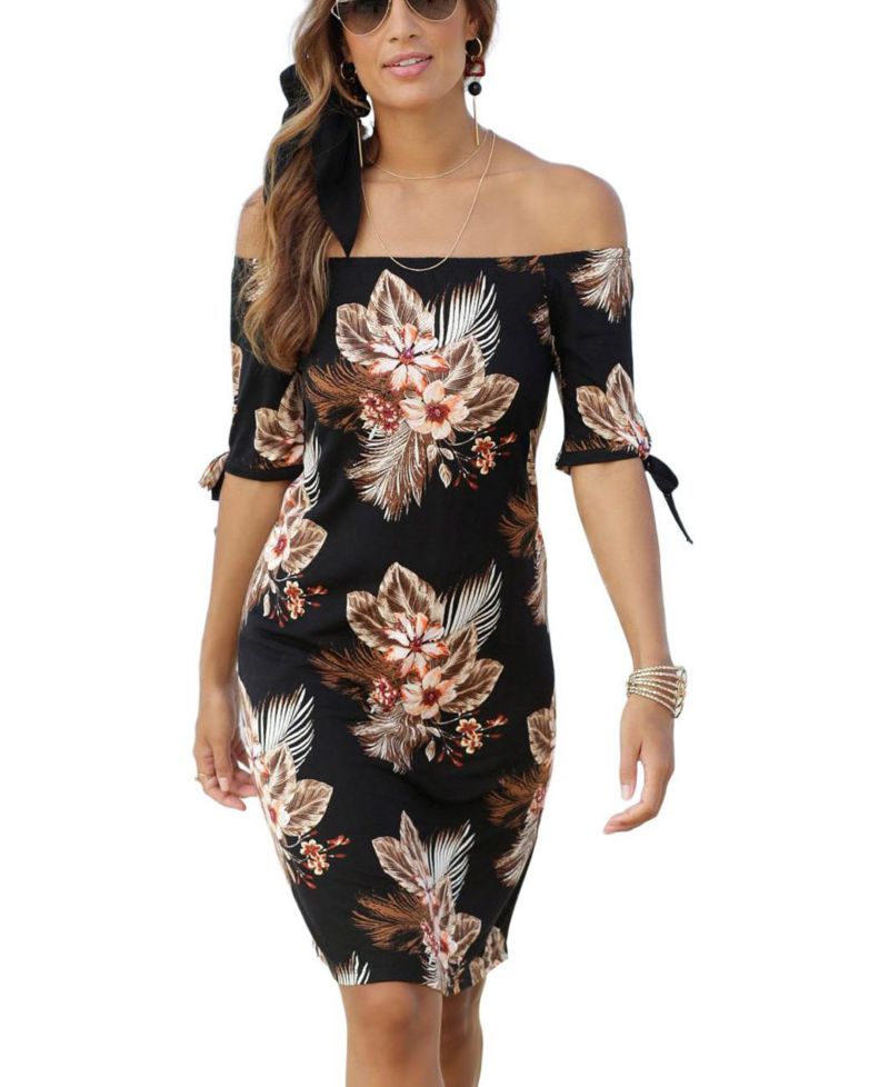 Women's Viscose Tropical Print Off Shoulder Column Short Dress