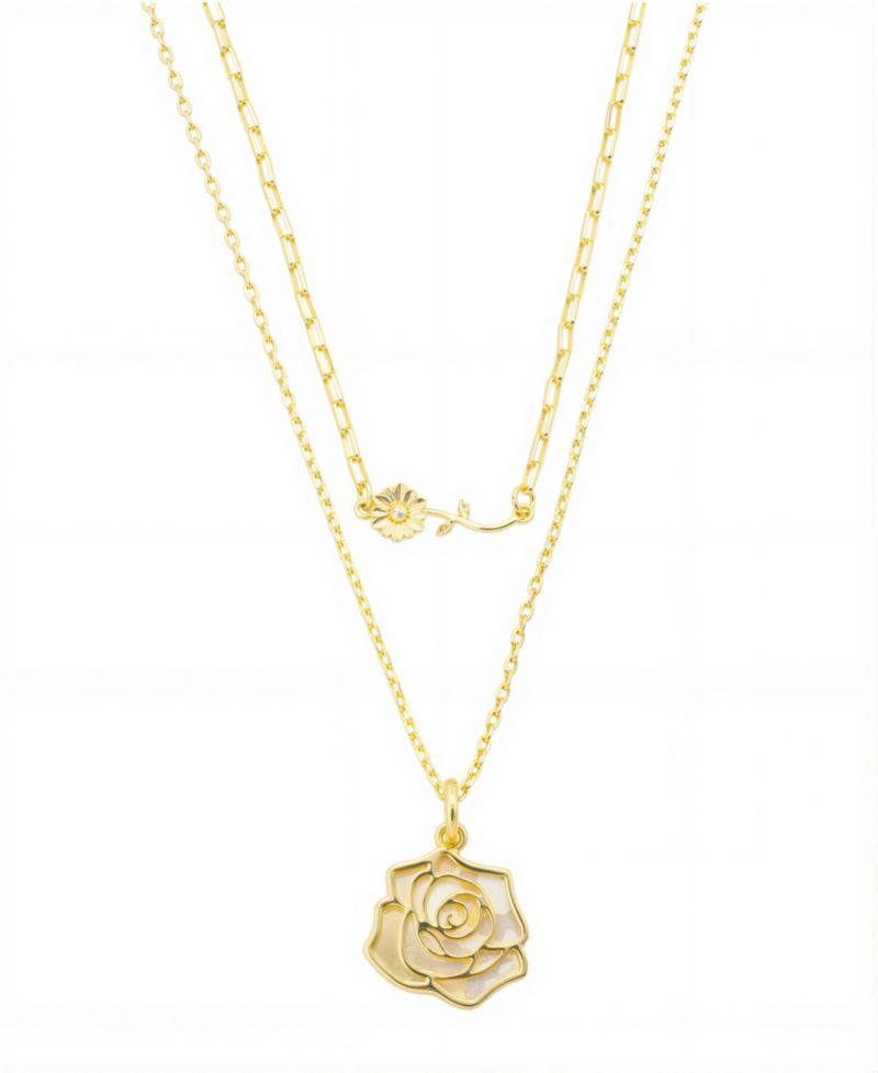 Mother of Pearl Inlay Flower Rose Paperclip Chain Layered Necklace