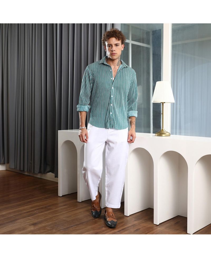 Men's Forest Green & Powder White Pleat-Creased Shirt